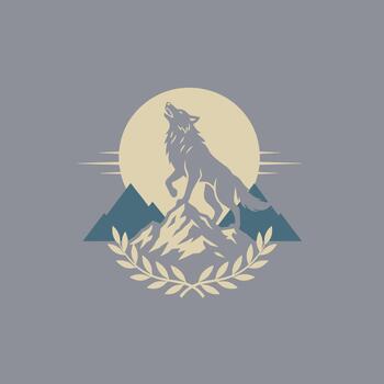 Howling Wolf on Mountain with Moon and Laurel Design vector