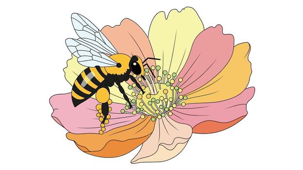 Illustration of a Bee Collecting Nectar from a Flower with Colorful Petals, Depicting Nature's Harmony and Pollination in a Simple Graphic Style. vector