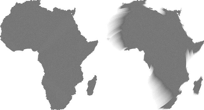 Set of Africa continent geometric round dotted pattern shape map. Geometric round dot pattern shape continent of Africa map. African border map area round dot circle shape view vector