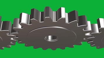 3d metallico ingranaggi ambientazione icona rotante su verde schermo sfondo, brillante acciaio meccanico ruota dentata animazione per tecnologia interfaccia disegno, ingegneria movimento grafica, e industriale visivo effetto video