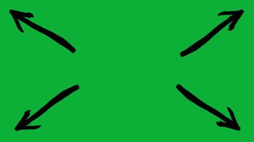 schwarz Farbe Bürste Schlaganfall Pfeile zeigen zu vier Ecken auf Grün Hintergrund, handgemalt Tinte Pfeil Animation rahmen, künstlerisch Richtung Marker zum Bewegung Grafik und Text Titel verraten Design video