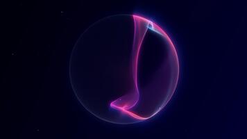 mínimo neón brillante esfera con flotante ligero curvas giratorio en un futurista oscuro ambiente. sin costura lazo resumen energía para tecnología visuales y moderno ui movimiento gráficos. video