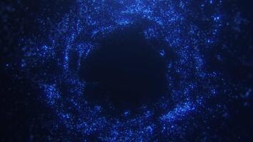 4k 60 fps sin costura lazo de azul digital partículas formando un futurista vórtice anillo. energético cibermovimiento animación con neón profundidad y suave circular fluir. video