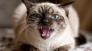 Siamese cat hissing with mouth open, showing teeth, intense expression, powerful feline predator in action, fierce animal behavior, dynamic pet frame video