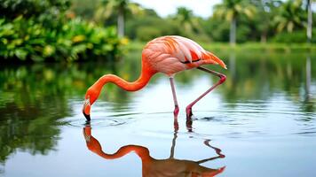 graciös flamingo dricka i lugn sjö på gryning med fantastisk reflexion skapande en lugn tropisk scen perfekt för natur videoklipp video