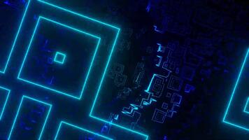 Blue neon square grid structure arranged in futuristic digital circuit perspective. Technology concept video