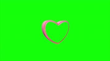 animerad 3d rosa hjärta form flytande och roterande på grön skärm bakgrund video
