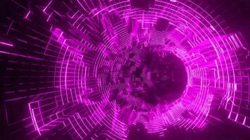Purple rotating digital ring formed by complex radial circuit structure in dark space. Technology concept video