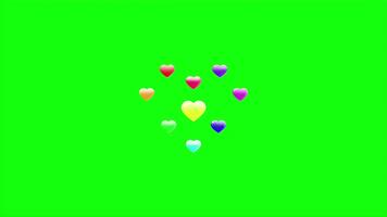 animato colorato cuori galleggiante verso l'alto su un' verde schermo sfondo per compositing video