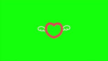 animerad rosa hjärta med vit vingar flytande och pulserande på grön skärm bakgrund video