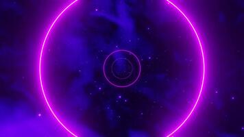 Glowing purple neon circle floating in deep cosmic fog with soft energy field. Abstract concept video