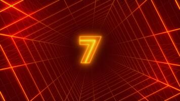 Golden number seven displayed in red wireframe grid tunnel with depth perspective. Technology concept video