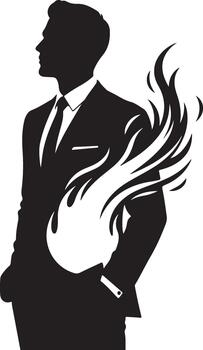 Dynamic silhouette of a sharp businessman with fiery abstract flames, symbolizing passion, ambition, and inner power, art. vector