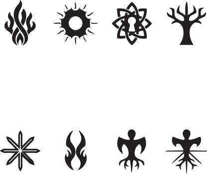Collection of diverse black abstract symbols on a white background, featuring nature, mystical, and elemental design icons, ideal for spiritual concepts. vector