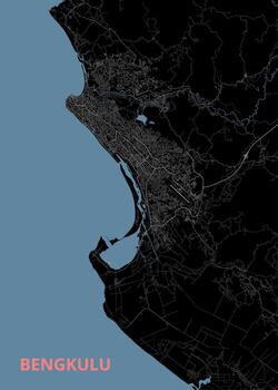 This image presents a minimalist map of Bengkulu, Indonesia. The map features a dark background with light gray lines delineating streets, roads, and geographical features. vector