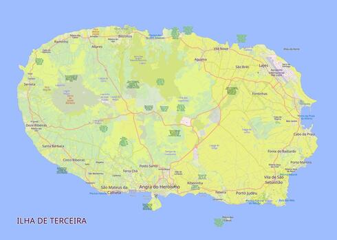 Map of Ilha de Terceira, an island. The map features various towns and geographical locations labeled in clear text. Roads are marked with thin lines, connecting different parts of the island vector