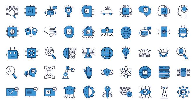 Artificial Intelligence icons set. Icons in line style. Neural, network, automation, technology, virtual, learning, assistant, machine, robot, bot, brain and more. vector