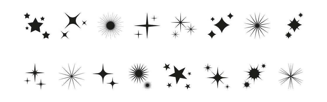 Set of icon glitter star, sparkle sun. Abstract shapes of explosion, glow and blink effects for celebrate party design. Twinkle shiny and flash graphic elements. Isolated illustrations. vector