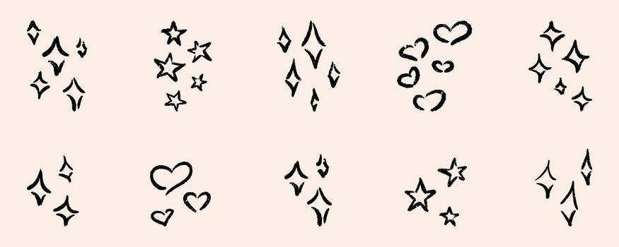 Set of doodle icon glitter star, sparkle sun. Whimsical hand drawn sketch of shapes explosion, glow and blinking effects for celebrate festive party design. Twinkle flash and shiny graphic elements. vector