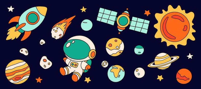 espacio cohete, cometa y planeta con astronauta y astronave para Ciencias o educación. galaxia linda mano dibujado icono conjunto con sol, Luna y satélite. ilustración Perfecto para niños diseño. vector