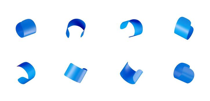 Set of eight blue ribbon shapes as design elements. Abstract fluid 3d render of dynamic curves. Geometric modern art for graphic decoration. illustration vector