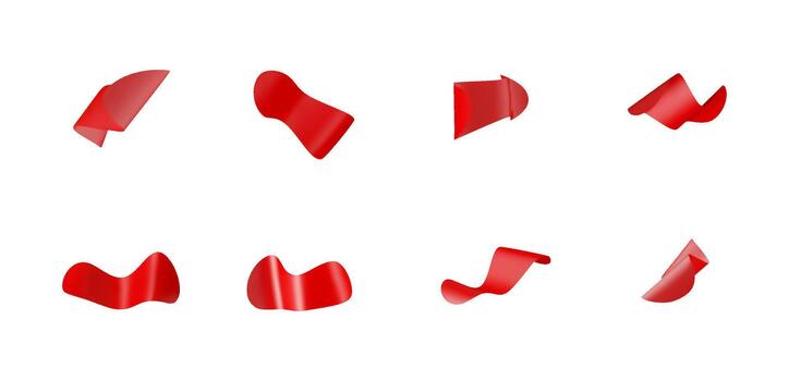 Set of eight red ribbon shapes as design elements. Abstract fluid 3d render of dynamic curves. Geometric modern art for graphic decoration. illustration vector