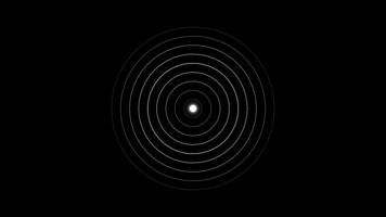 Concentric white circles expanding from a bright central glowing point, forming a minimalist abstract pattern. dynamic visual. video
