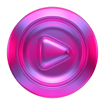 3D glossy play button icon with pink and purple gradient, concentric circular rings, transparent background, modern UI element png