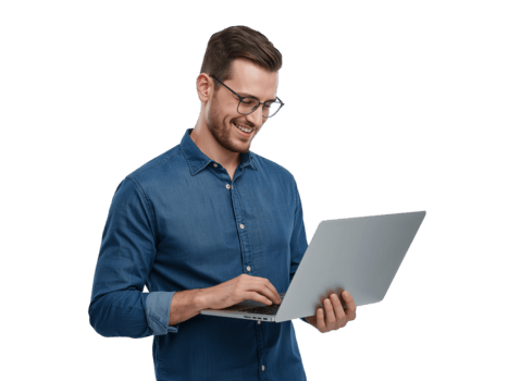 beschäftigt, verlobt Fachmann mit Brille interagieren auf ein tragbar Computer mit isoliert Hintergrund png