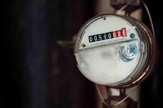A close-up view of an electric meter featuring a circular design with clear glass and visible black numbers along with a bright red indicator on a dark background showcasing a modern utility device photo