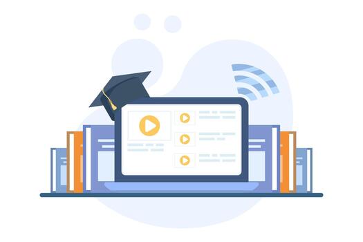 Illustration showing a laptop and graduation cap symbolizing e-learning, virtual classes, and distance education for modern digital learning environments. vector