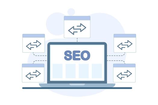 illustration of link building as an SEO strategy, showing a laptop with an open site connected to other website icons that add backlinks for digital marketing. vector