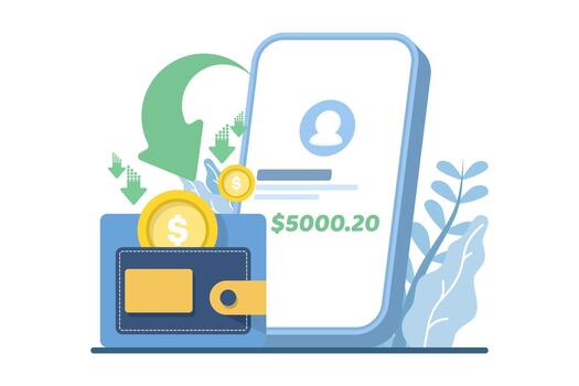 Illustration showing mobile payments and online money transfer via smartphone and wallet. Perfect for UI design, website templates, app interfaces, and promotional materials. vector