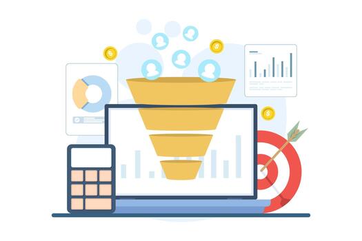 illustration of a laptop displaying lead generation funnel analytics, complete with data insights, user profile charts, and target icons for efficient business performance and conversions. vector