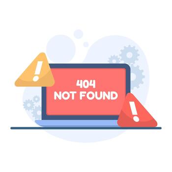 Illustration showing a laptop screen with a 404 error, symbolizing missing webpages, site malfunction, and digital navigation problems. vector