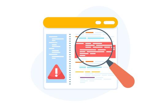 de código inspección y depuración, aumentador vaso terminado guión con advertencia señales, software error detección, desarrollador calidad garantía, y programación flujo de trabajo ilustración. vector