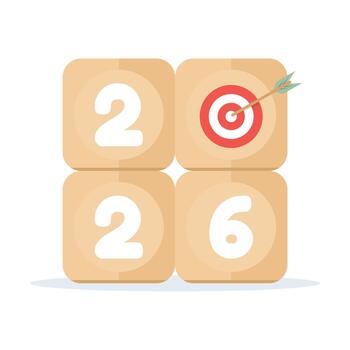 Illustration showing wooden cubes arranged as 2026, symbolizing new business plans, yearly objectives, project development, and strategic business goal setting. vector