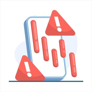 Illustration of a hand-held smartphone displaying falling trading charts and warning icons, representing business risks, investment alerts, and financial losses. vector