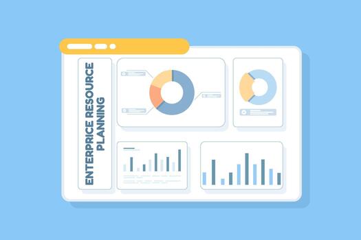 ERP Enterprise Resource Planning web concept with dashboard interface, data management, workflow automation, productivity and business enhancement. Modern flat illustration. vector