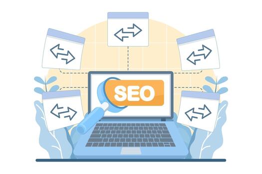 Illustration of backlink SEO marketing with a laptop webpage linked to multiple site icons, representing link building, search engine optimization, and online growth. vector