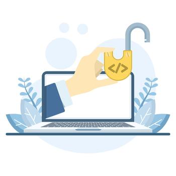 illustration of a hand holding an unlocked padlock, representing open-source programming, digital product access, and granted permission to use and modify source code. vector
