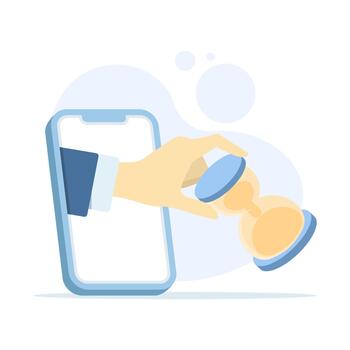Illustration showing a human hand reaching from a smartphone to stop a sandglass, representing urgency, approaching deadlines, and effective time management in projects. vector