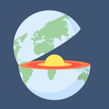 Vibrant illustration of Earth's layers, showing crust, mantle, outer core, and inner core in a detailed cross-section, perfect for geography, science education, and Earth structure concepts. vector