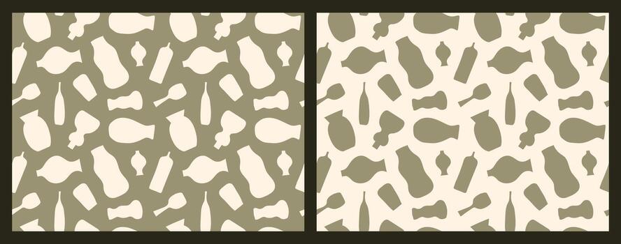 Set of two seamless boho patterns featuring abstract organic vase and pottery shapes on sage green and beige backgrounds vector