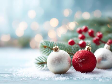 Christmas background with Christmas tree and ornaments. Red and silver Christmas balls lie in snow next to pine branch against snowfall background with bokeh. New Year design with copy space photo