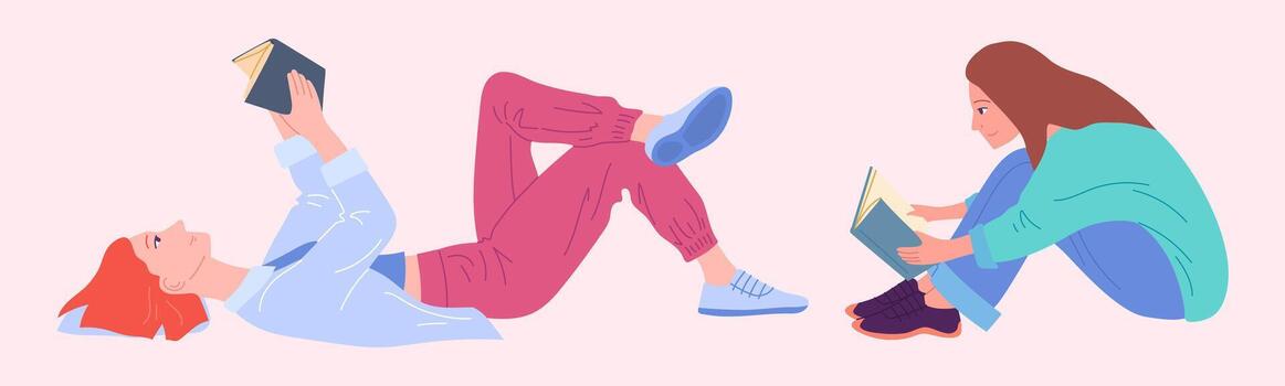 Cartoon Color Characters People Readers with Books in Different Positions Set Concept. vector