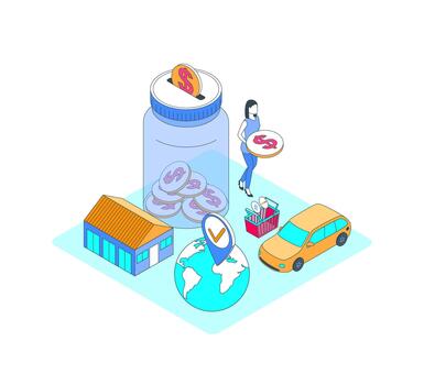 dibujos animados color acumulación Finanzas concepto 3d isométrica ver línea elementos. vector