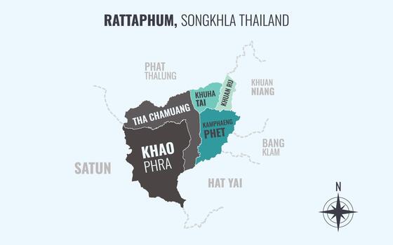 Map showing Rattaphum District Songkhla Thailand divided into sub-districts with minimalist colorful patterns vector