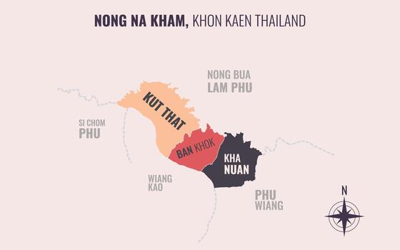 Map showing Nong Na Kham District Khon Kaen Thailand divided into sub-districts with minimalist colorful patterns vector