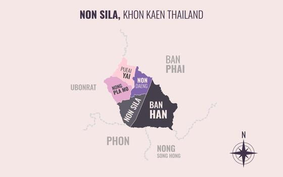 Map showing Non Sila District Khon Kaen Thailand divided into sub-districts with minimalist colorful patterns vector